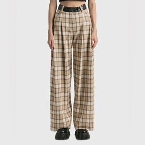 Kijun Pants Wide Leg Flannel Trousers Plaid Check Beige
